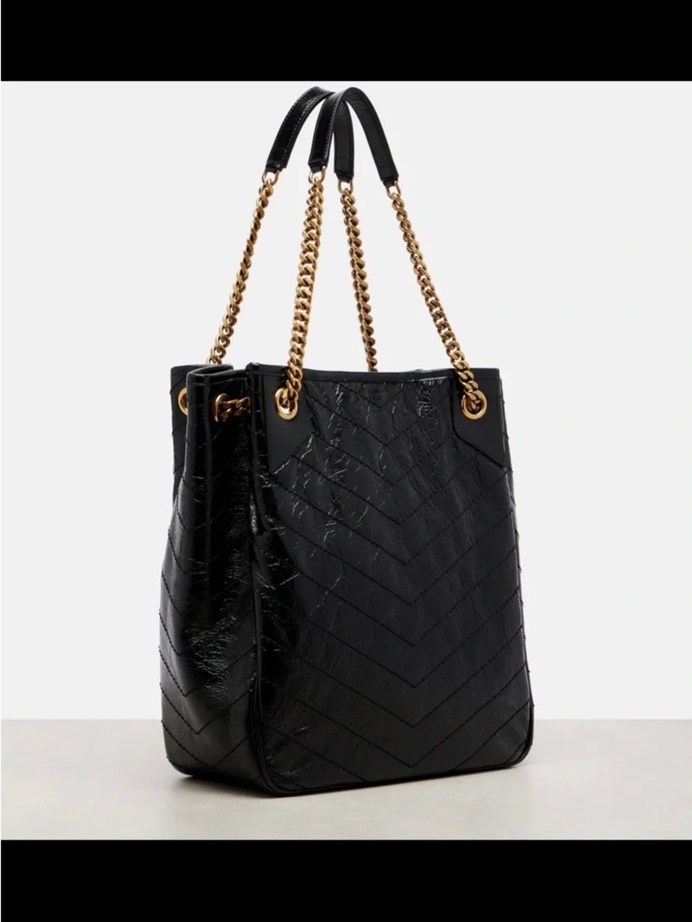 NWOT Saint Laurent Black Quilted Patent Leather Tote with Gold Chain Handles - Picture 3 of 6